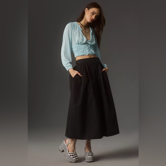 By Anthropologie Long-Sleeve Femme Ruched Cropped Top, Blue, M or L, NWT - Picture 4 of 11